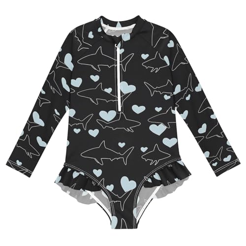 ALAZA Shark Line Love Heart Black Girls One Piece Swimsuit Long Sleeve Rash Guard Swimsuits UV 50+ Swimwear Zipper