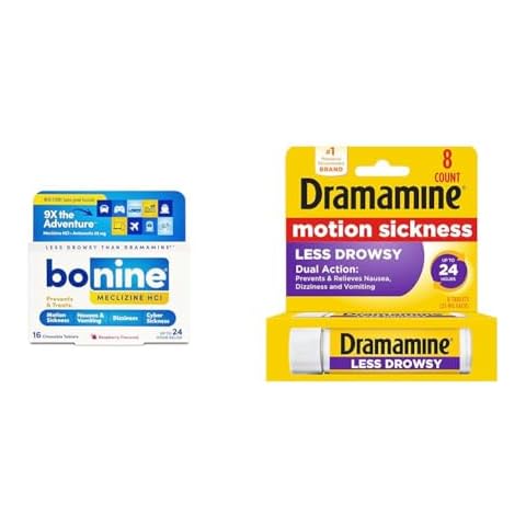 Bonine Non-Drowsy for Motion Sickness Relief, Sea Sickness, Car Sickness, Nausea and Vomiting & Dramamine Motion Sickness Relief Less Drowsey Formula, 8 Count Cover