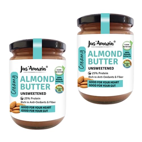 Image of Jus' Amazin Creamy Almond Butter - Unsweetened (500 g) Pack of 2 | 25% Protein | Only Whole Almonds (100% Pure) | Zero Additives | Keto | Plant Based Nutrition | Clean Nutrition