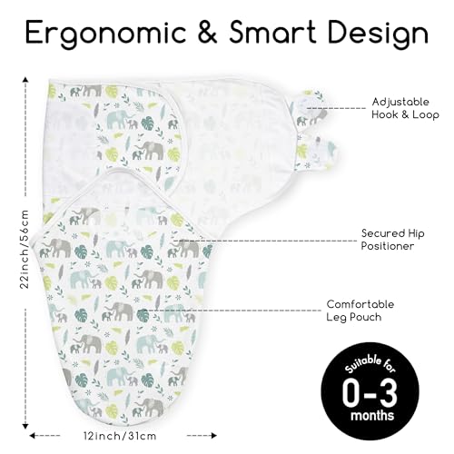 Image of Cotton Swaddles for Newborn, Baby Newborn Swaddle 0-3 Month | 2-Pack Soft Adjustable Newborn Swaddle Sleep Sack, Baby Girls & Boys,Wrap Nursery Infant Swaddling Blankets Green Elephant