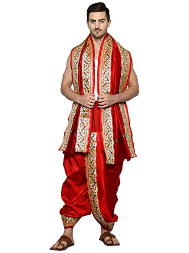 Image of Rameshwaram Fabrics Readymade Dhoti for Men, Velcro Style Stitched Mens Silk Dhoti Pant with Stole Set