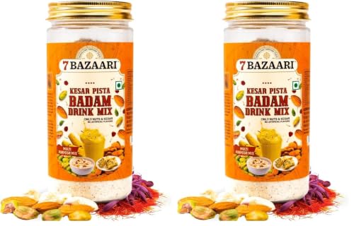 Image of 7 BAZAARI Kesar Pista Badam Milk Mix Powder 225g | Thandai Style Almond Drink Mix with Saffron, Pistachio & Spices | Protein & Energy Rich | No Artificial Flavours | Healthy Drink for Kids & Adults