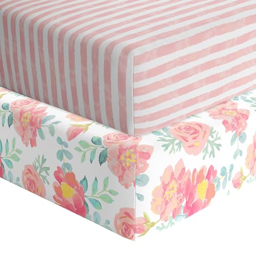 Image of Featherhead™ 2-Pack Fitted Crib Sheets - 100% Cotton - 52" x 28" x 9" for Standard Crib and Toddler Mattress (Jersey Garden Floral)