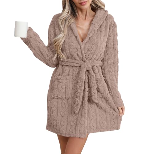 Robes for Women Fluffy Fuzzy Short Robe Waist Tie Fuzzy Bathrobe with Pockets Plush Fleece Cozy Warm Bathrobe Khaki