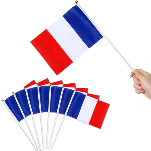 Brelet 40 Pièces Petit Drapeau Francais, Mini Drapeaux à main Tricolore avec Baguette en Plastique, Petit Drapeau Français avec Baton pour Décoration Football et Jeux (14 x 21 CM)