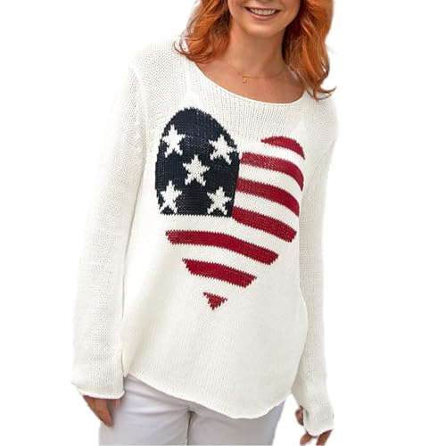 Image of Women American Flag Sweater Loose Vintage USA Sweatshirt Long Sleeve Crewneck Hollow Out 4th of July Jumper