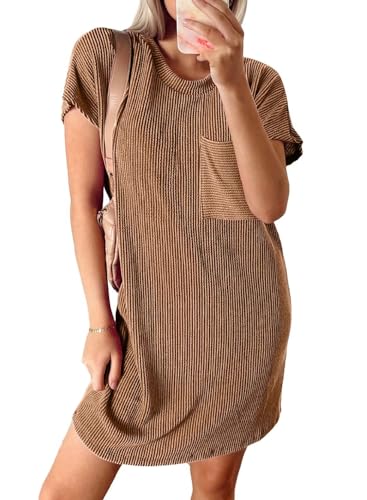 Image of Acelitt Womens Casual Summer Crewneck Short Sleeve Ribbed Mini Tshirt Dress, XS-3XL