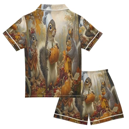 ALAZA Squirre Fall Maple Leaf Satin Pajamas Set Short Sleeve Button Down Sleepwear Summer Pjs 2 Piece2