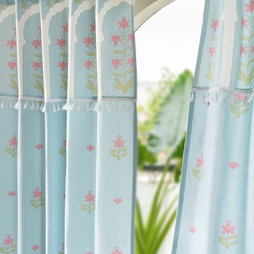 Image of Tranquebar Curtain Co. Cotton Curtains 8 Feet Long Set of 2, 60-65% Room Darkening, Turquoise Floral Print, Door Curtains 8 Feet Set of 2, BackTabs, Taj (244 cm) - Set of 2