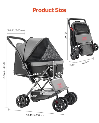 Image of VEVOR Pet Stroller, 44 lbs Weight Capacity, Foldable Dog Cart, 4 Wheels Cats Stroller with Mesh Windows & Revrsible Handle, Portable Pet Carrier with Brake, for Small to Medium Pets