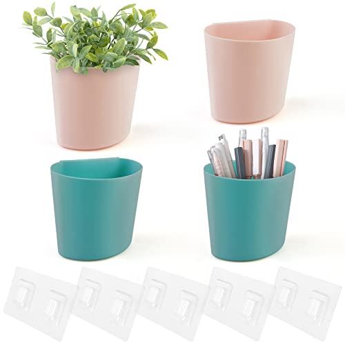 POPU BERRY 4 Pack Wall Caddy Pen Holders, Pink & Green Pencil Cups Organizer for Marker/Remote/Crayon/White Board, with Adhesive Stickers, Office Craft Class Kids Room Art Rolling Cart Hanging Cups