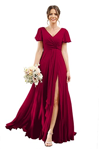 Stylefun Women's V Neck Bridesmaid Dresses with Slit Pleated High Waist Long Formal Dress with Pockets CYM131