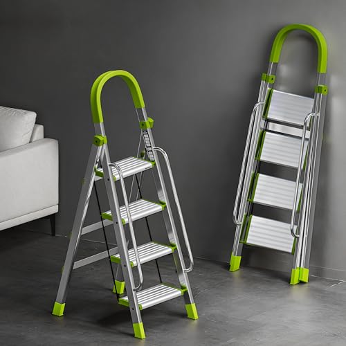 Image of BUILDSKILL Aluminium Ladder for Home 4 Steps | 33x16cm Wide Anti-Slip Aluminium Steps | Stainless Steel Body | Handrails | Load 150 Kg | Foldable Lightweight 4.75KG Ladder for Kitchen, Office & Home