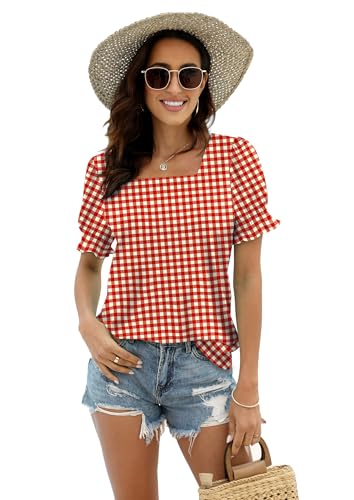 Image of WIHOLL Tops for Women Summer Casual Ruffle Trim Sleeve Square Neck T Shirts