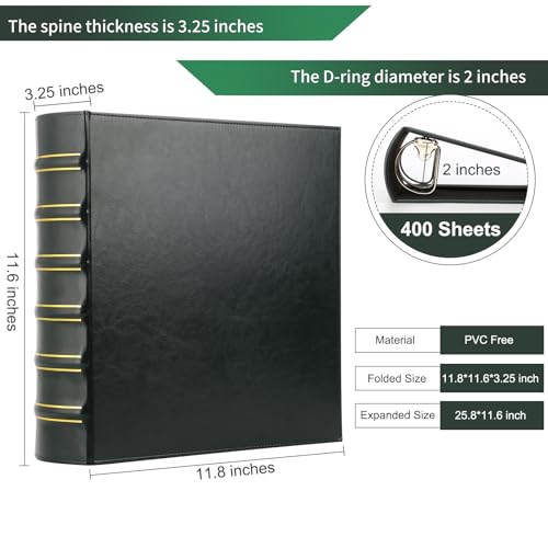 Image of LETVPVOW Vintage Hardback 3 Ring Binder 2 Inch, Professional Leather Binder 3 Ring, Three Ring Binders Fits 8.5 inch x 11 inch, D Ring Binders for Photo Album, Home, School and Office Supplies- Dark Green