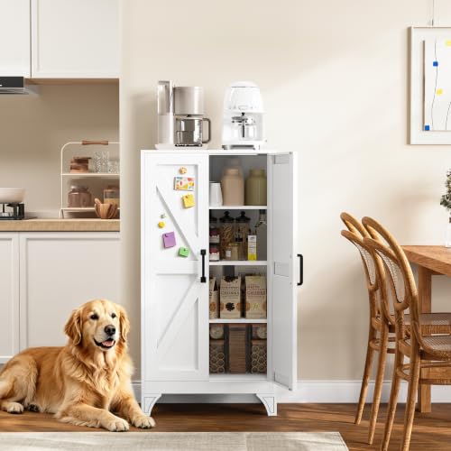 Image of Yizosh Metal Storage Cabinet with 2 Doors and 3 Adjustable Shelves - 47 inch White Kitchen Pantry Storage Cabinet Locker for Kitchen,Living Room,Dining Room