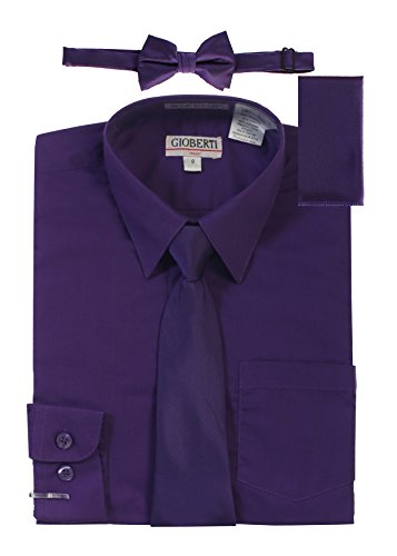 Image of Gioberti Boy's Long Sleeve Dress Shirt + Solid Tie, Bow Tie, and Hanky