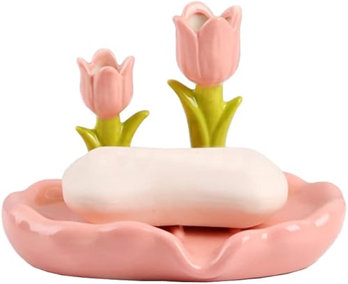 Jabonera de flores encantadora Jabonera de cerámica autodrenante Jabonera decorativa Jabonera Tulipán-Rosa
