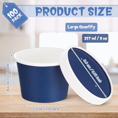 Image of Fulmoon 8 oz 100 Pack Paper Containers with Lids Soup Bowl Cup, Navy Blue | Disposable Ice Cream Cup, Kraft Food Containers with Vented Lid Stackable for Hot Soup Dessert Cake Fruit Microwave Takeout