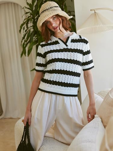 CIDER Women T Shirts Collared Short Sleeve Hollow Out Striped Knitted Tops Casual Summer Outfits3