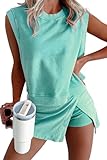 KevaMolly Conjunto de dos piezas de verano para mujer, de algodón lavado mineral, camiseta sin mangas, con falda atlética dividida, Verde, M