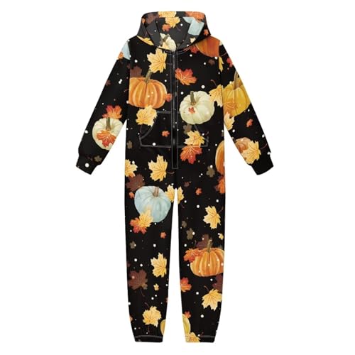GIFTPUZZ Pumpkin Fall Leaves Print Boys Girls Homewear with Pockets and Zipper Hoodies Streetwear Fashion Long Sleeves Long Pants Streetwear Holiday Costumes L