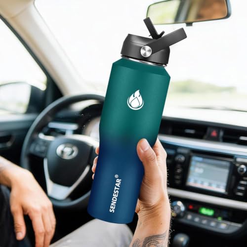 Image of SENDESTAR 32oz Water Bottle Wide Mouth Stainless Steel Vacuum Insulated Double Wall with Straw Lids Fit in Any Car Cup Holder
