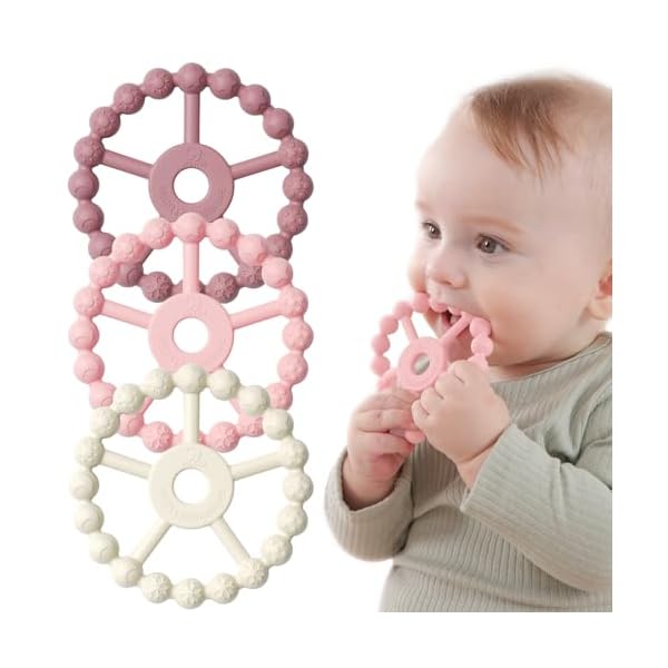 3 Pack Ring Teether Baby Infant Toys, Silicone Teething Ring Toys for Babies 0-6 Months, Seposeve Baby Teethers 6-12 Months 12-24 Months, Easy to Grasp Toy, Baby Teething Relief, Purple Pink White