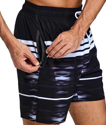 Image of Mens Swim Trunks Compression Liner No Mesh Swimming Trunks Men Swimwear Quick Dry Above Knee Zipper Pocket Swim Shorts