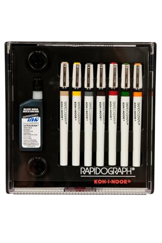 KOH-I-NOOR 3165SP7P Koh-I-Noor Rapidograph Pen and Ink Set7 Assorted Pen Nibs and 0.75 oz. Bottle of Ultradraw