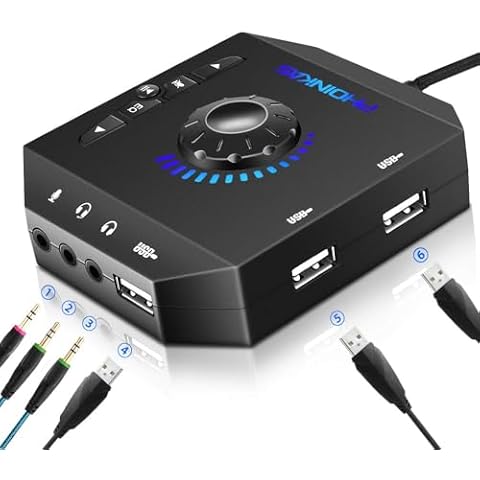 T10 External Sound Card, PHOINIKAS USB Audio Adapter for PC Windows, Mac, Linux, Laptops, Desktops, Stereo Sound Card with 3.5mm Interface & USB Interface, Volume Control, Plug & Play (6-in-1, Black) Cover