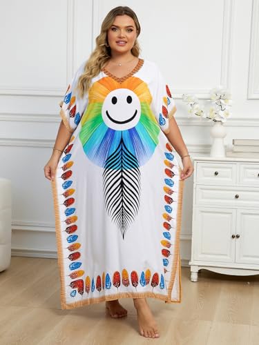 Image of KECVOT Kaftan Dresses for Women V-Neck Print Swimsuit Cover Up Plus Size Beach Caftan Lounge Dress