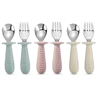 PandaEar 6 Stück Kinderbesteck| Silikongriff Edelstahl Kindergeschirr Set | Baby Besteck Esslernbesteck ab 1 jahr | Kinder Löffel und Gabel Set für Baby Kleinkind (Blau Rosa Weiß)