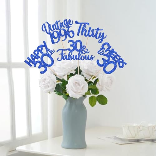 Image of 15 PCS 30th Birthday Centerpiece Sticks Thirty Happy 30 Vintage 1996 Table Flower Centerpieces Sticks Cheers to 30 Fabulous Floral Decorations for 30th Birthday Party Supplies Blue