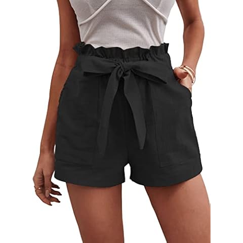 GORGLITTER Damen Shorts Kurze Sommerhose Elastischer Bund Breites Bein Kurzhose Casual Locker Hose mit Gürtel Schwarz L Cover