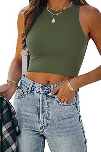 WNEEDU Damen Sommer Crop Top Sexy Racerback Ärmellose Rundhals Tanktops Gras-Grün XS Cover