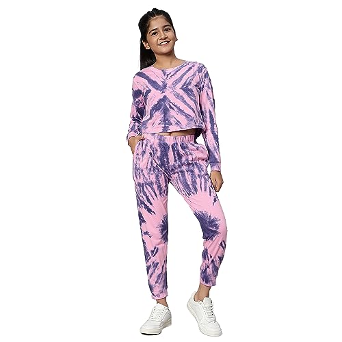 Image of TeenTrums Tie Dye Black Co-ord Set with Boat Neck Tshirt & Joggers, 100% Cotton, Fashion for Youth, Stylish Teen Fashion Collection, Tie Dye Set of Top & Bottom for Girls, Age 05 to 16 Years