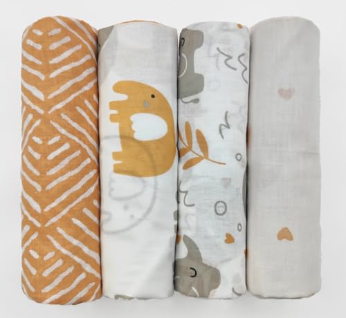 Image of Trance Home Linen Super Ultra Soft 100% Cotton Malmal Baby Swaddle Cloth | Baby Wrap for New Born Babies | Skin Frindelly Soft Baby Towel |New Born Swaddles-(100x100 Cm, Terra Tots,Pack of 4)