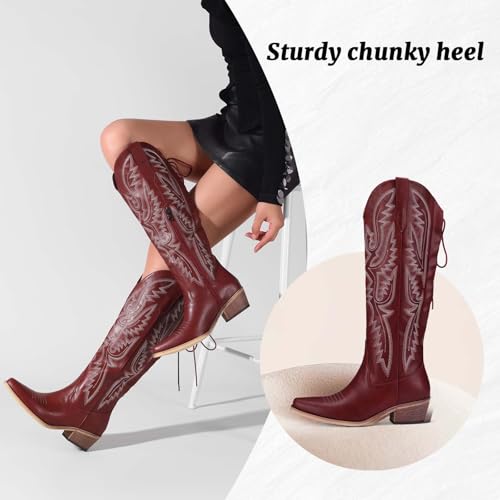Cowboy Boots For Women Embroidered Wide Calf Boots With Back Lace Up Chunky Block Heels Pointed Toe Western Cowgirl Boot Comfortable Tall Boots for Prom Casual Trendy Shoes3