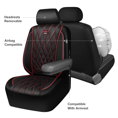 Image of CAR PASS Piping Luxury Leather Seat Covers Full Set,5 Seats Anti-Slip Waterproof Seat Covers Compatible with Front Armrests,Universal Fit for Sendan SUV Van Truck,Airbag Compatible,Black and Red