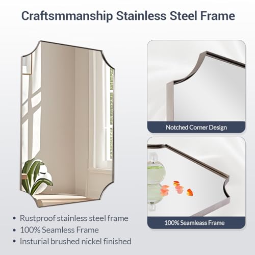 Image of MIRRORART 24x36'' Brushed Nickel Scalloped Bathroom Mirrors for Wall