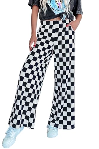 Lesore Womens Casual 2-Tone Checkered Print Pants Elastic High Waist Wide Leg Pants Lounge with Pockets