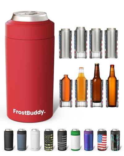 Image of Frost Buddy Universal Buddy Can Cooler - Fits All - For Regular 12 & 16 oz or Slim-Size Bottles - Insulated Double-Walled Stainless Steel (Crimson)