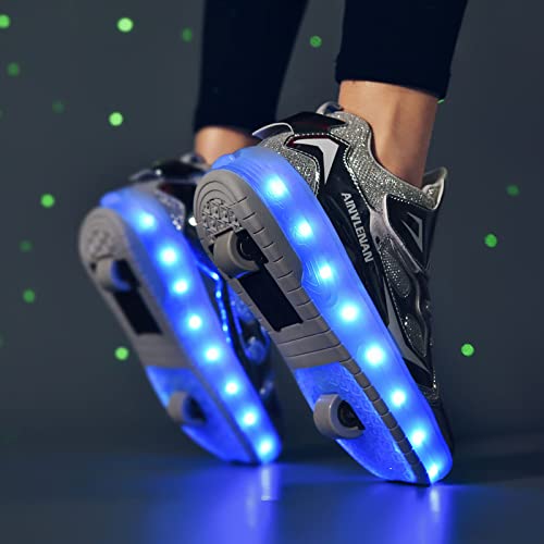 EMDPBD Roller Skates Shoes USB Charging, Unisex Kids LED Light Up Retractable Roller Skate Sneaker Flashing Wheel Shoes for Girls Boys,Silver-3.5BigKid3