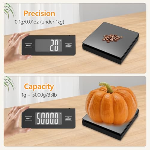 Image of Wireless Detachable Display Digital Food Scale, 11lb /5kg, Solid Black 1g Precise Weighing, Tare & Backlit LCD, 304 Stainless Steel Surface, Ideal for Coffee Brewing, Baking & Daily Meal prep