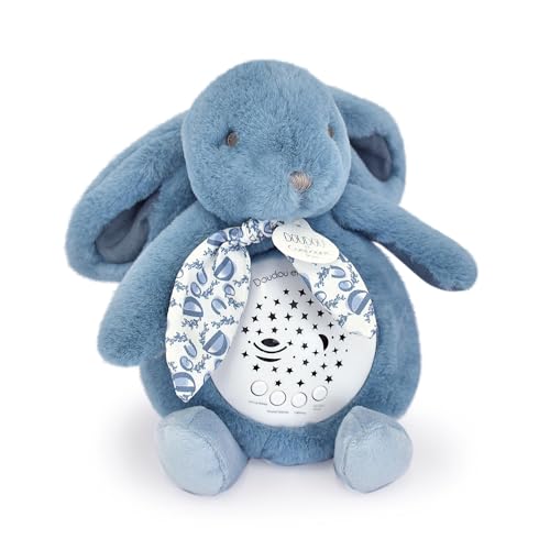 DOUDOU ET COMPAGNIE - Veilleuse Musicale Lapin bleu avec Projection d’Étoiles – Doudou Peluche avec Mélodies et Lumières Apaisantes – Compagnon Nuit Bébé –...