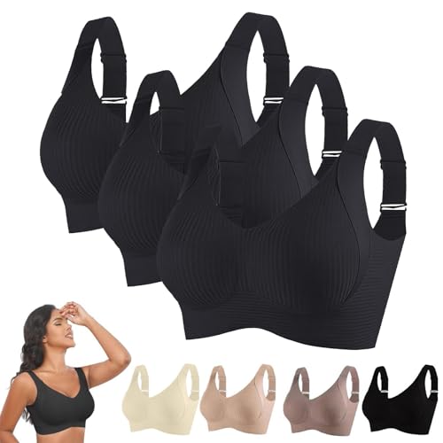 3 Piezas Sujetador Sin Aros Mujer Suave 2025 Sujetadores De Forma Seamless Ligero Base Top Corsé Espalda Desnuda Push Up Sujetador Lactancia Cómodo Bra Gimnasia Correas Ajustables, Negro+negro+negro