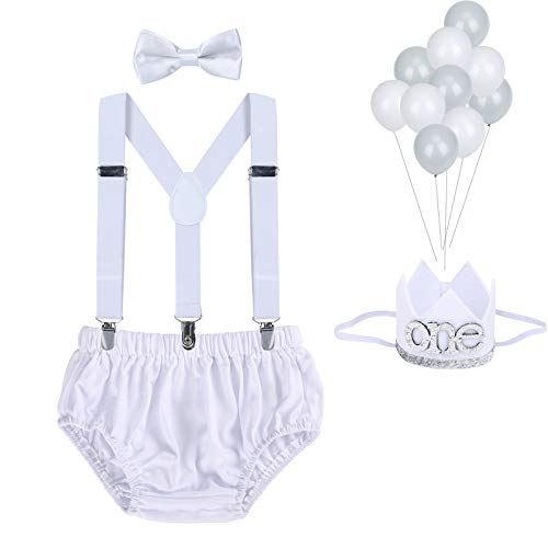 Image of WELROG Baby Boys First Birthday Cake Smash Outfit Bow Tie Suspenders Bloomers Birthday Hat Sparkle Gold Set