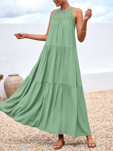 Image of BTFBM Halter Summer Dresses for Women 2026 Casual Spring Hollow Out Sleeveless Boho Sundresses Beach Vacation Maxi Dress