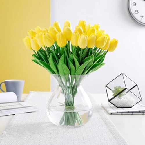 Image of Artificial Tulip Flower Stems (Pack of 5, Vase Not Included) - Realistic Faux Flowers for Home Decor, Living Room, Bedroom, Office, Wedding Decoration (Yellow)